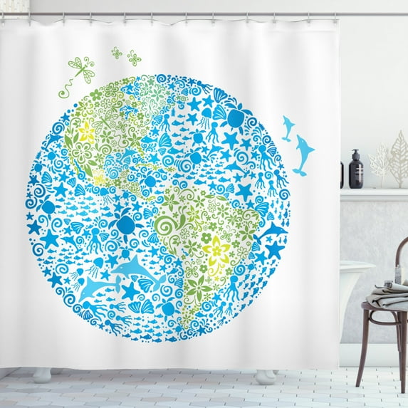 Animals Shower Curtain, Sketch of Planet Continent and Ocean Designed with Animal Figures for Ecology, Fabric Bathroom Set with Hooks, 69W X 70L Inches, Green and Blue, by Ambesonne