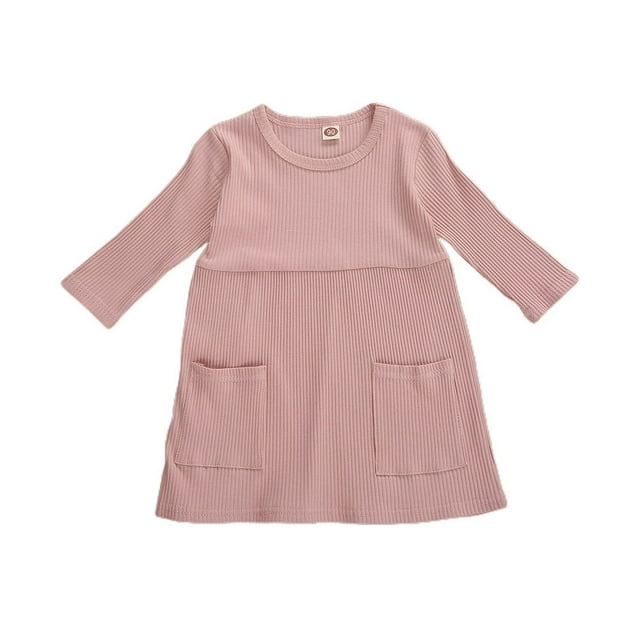 Baby Girls Ribbed Knitted Dress Solid Three Quarter Sleeve Princess Clothes