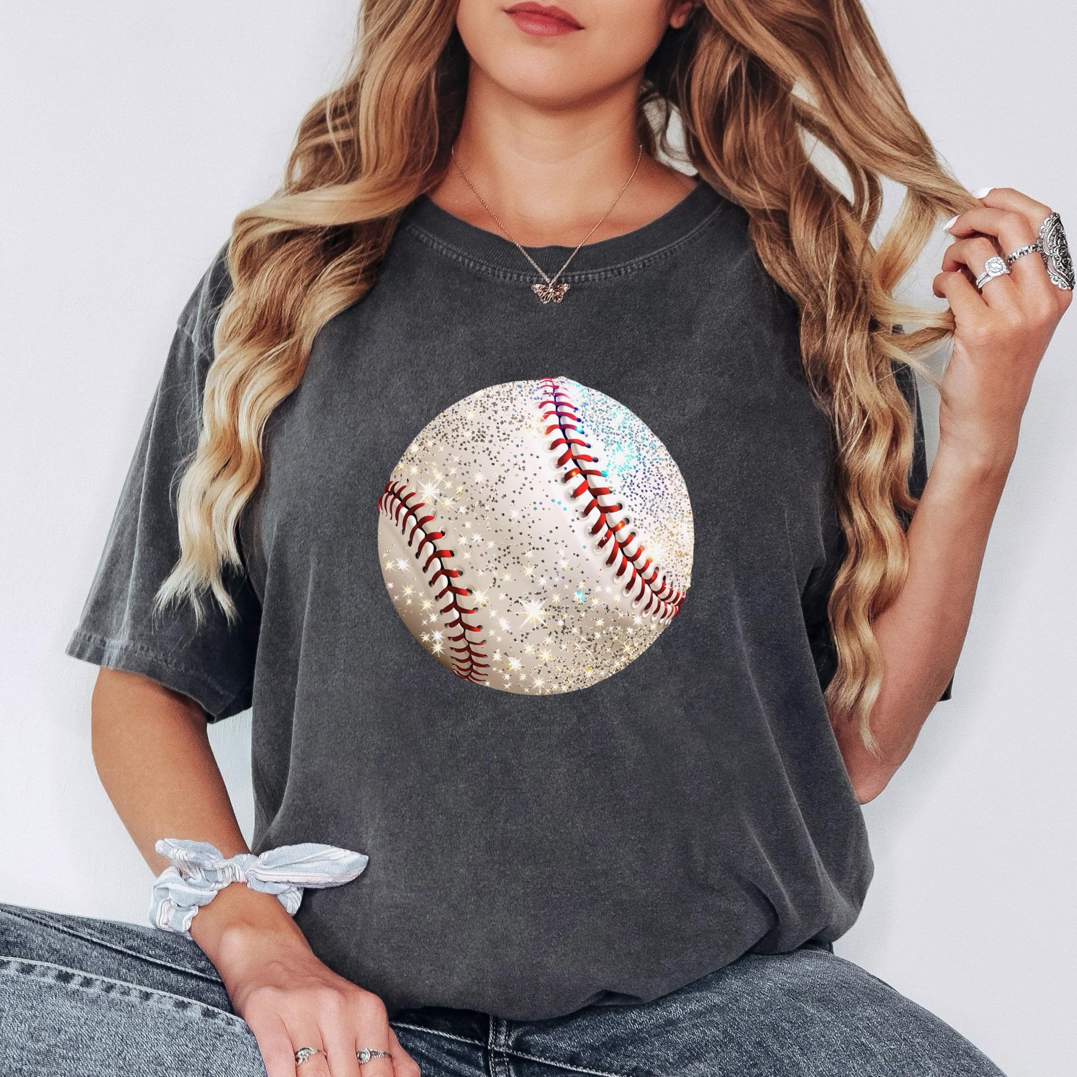 Glitter Baseball Shirt for Women and Teens Girly Baseball Fan Oversized Tee Pepper Shirt Adult X-Large