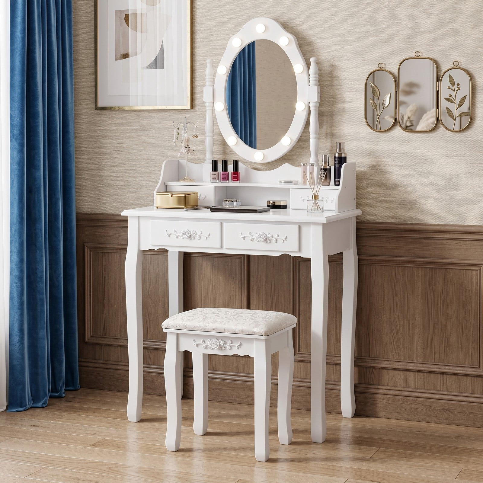 Furnibear Makeup Vanity Table Set with Dimmable Lighted Mirror 4 Drawers Cushioned Stool Wood Legs for Bedroom, White