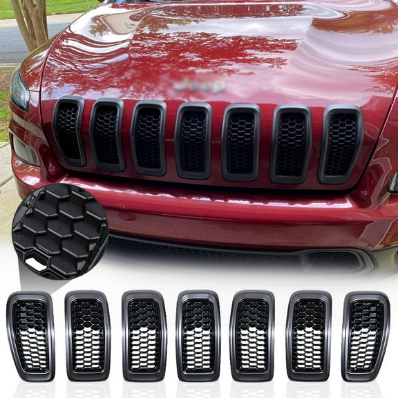 Astra Depot 7pcs Honeycomb Mesh Grill Grille Insert Trim Ring Cover for Jeep Cherokee 2014-2018 (Retro Gray & Black)
