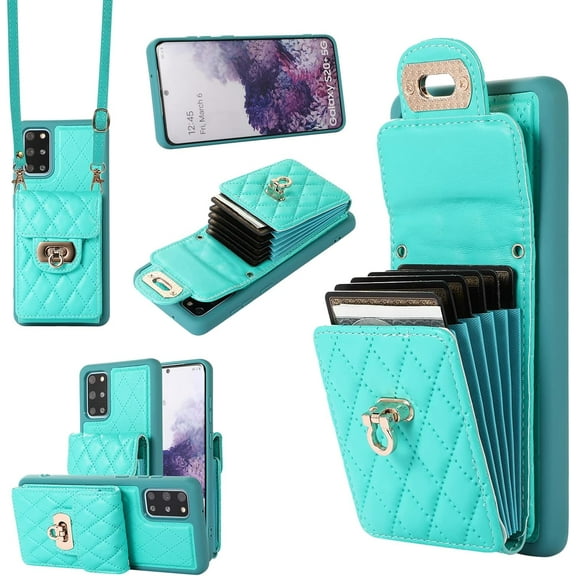 Phone Case for Samsung Galaxy S20 Plus S20 5G Wallet Cover with Credit Card Holder Crossbody Strap Long Lanyard Leather Cell Accessories S20 5G S20plus 20S S2O S 20 20 G5 Women Girls Green