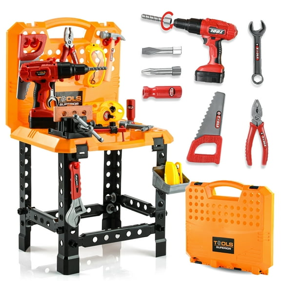 YCFUN 82-Piece Kids Workbench Set, Pretend Play Foldable Workshop with Electric Drill & Building Tools, Realistic Construction Toy for Toddlers Boys