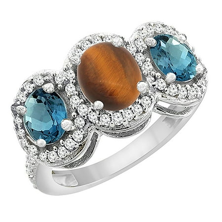 - 14K White Gold Natural Tiger Eye & London Blue Topaz 3-Stone Ring Oval Diamond Accent, size 5