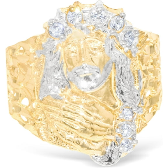 Floreo 10k Yellow Gold 23mm Jesus Face Two-Tone CZ Praying Hands Men's Ring, Sizes 5 - 13