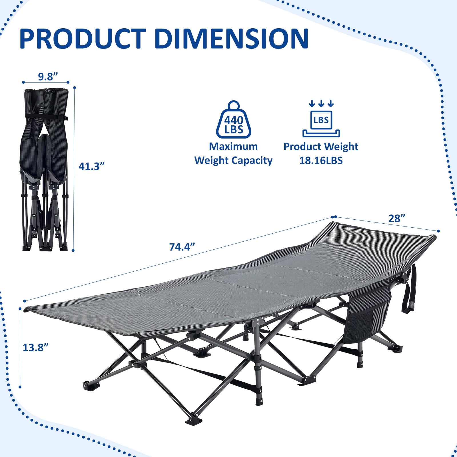 Simenmax Folding Camping Cot with Mattress, Heavy Duty Portable Bed for Adults, Quick Setup Travel Cot for Guest or Outdoor Use, Blue