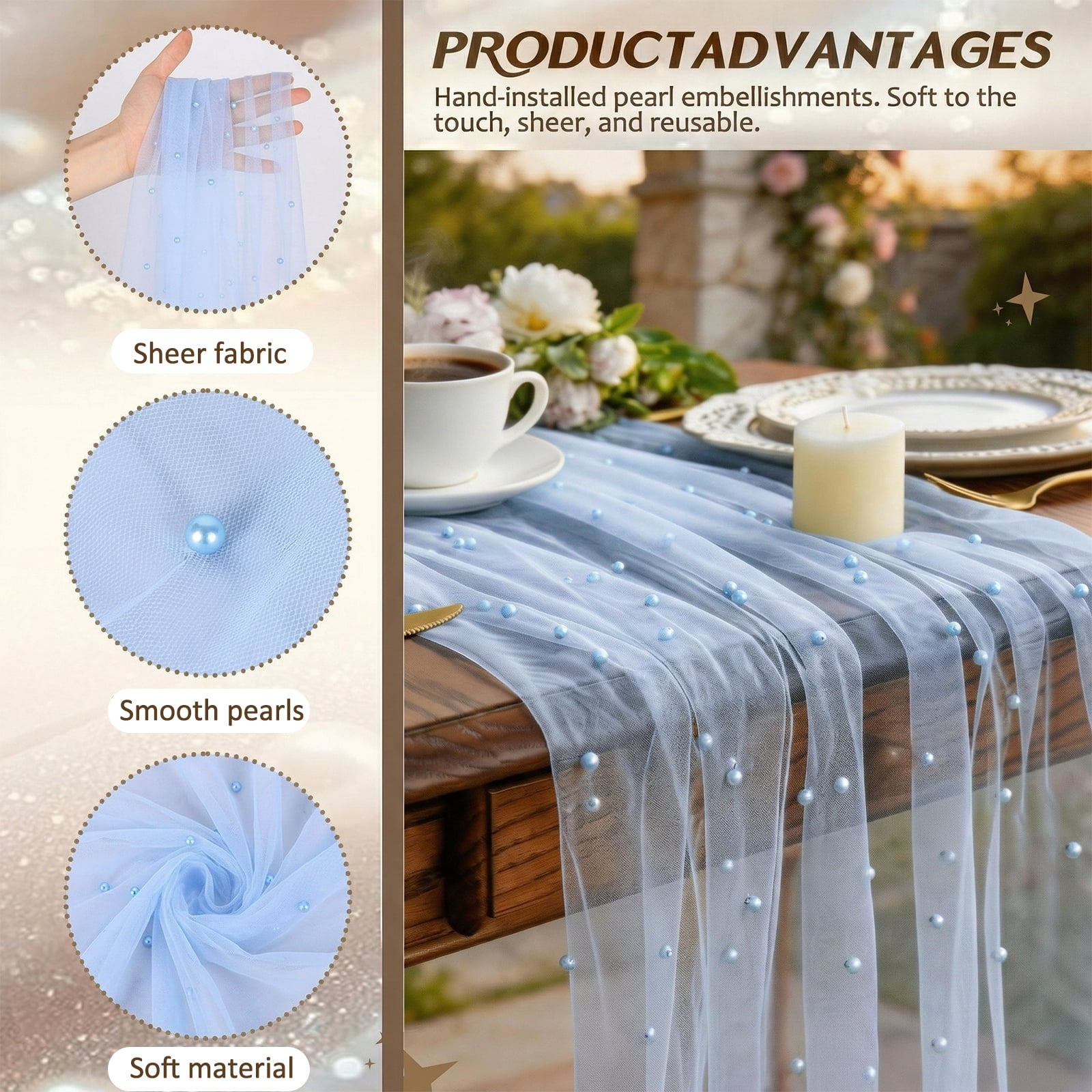 3PCS Pearl Gauze Table Runner 10FT Sheer Tablecloth Elegant Dining Table Decor for Home Party Holiday Wedding,33 x 124 Inches
