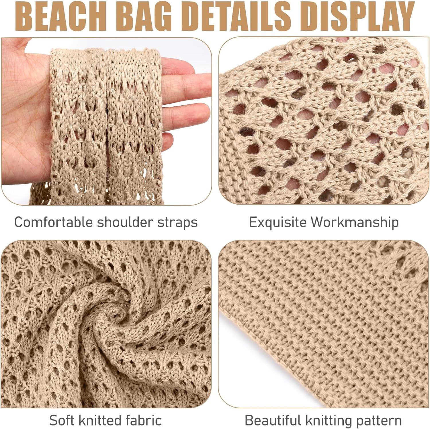 Gocvo Crochet Bag for Women, Summer Crochet Handbags Boho Bag(Khaki 14 x 10 x 26.5in )