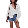 thumbnail image 1 of Blusa blanca de color puro para mujer, talla M, camisa con cuello en V y botones con mangas farol, 1 of 6