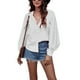 thumbnail image 1 of Blusa blanca de color puro para mujer, talla M, camisa con cuello en V y botones con mangas farol, 1 of 6