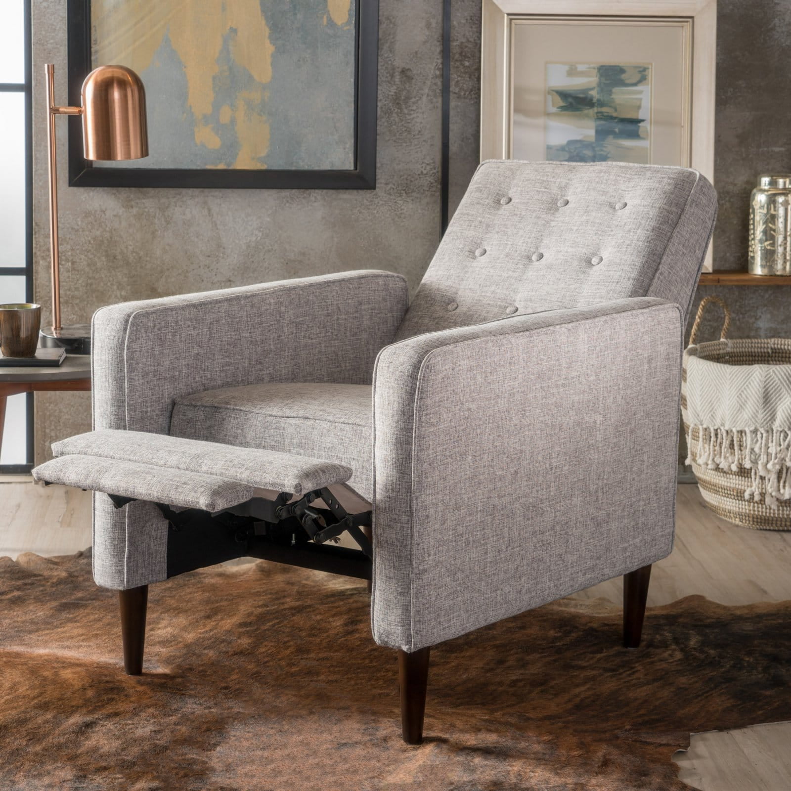 Christopher Knight Home Mervynn Mid-Century Modern Button Tufted Fabric Recliner by  Muted Blue Pushback Recline