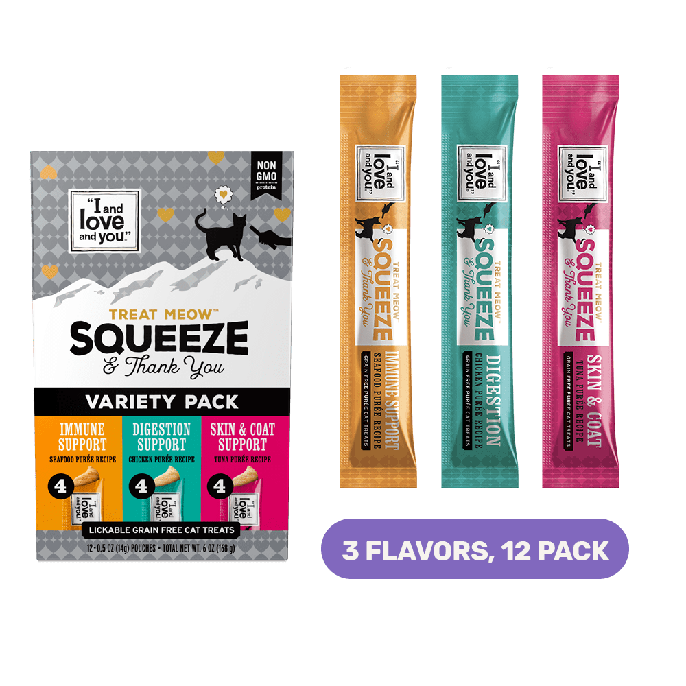 (2 pack) "I and love and you" Treat Meow Squeeze & Thank You Lickable Cat Treat Variety Chicken/Tuna
