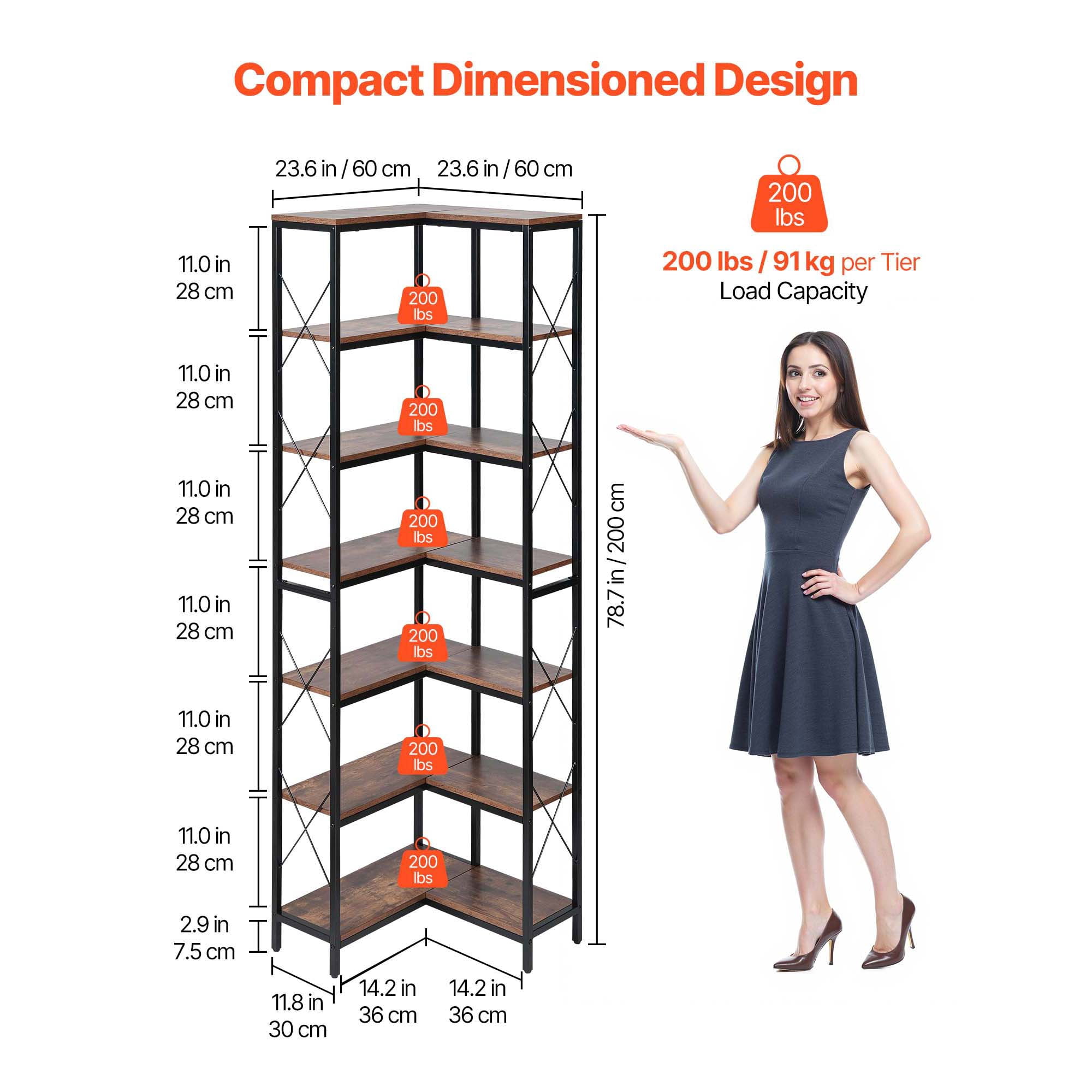 KFFKFF 7-Tier Corner Bookshelf, 79" Tall Bookcase with Sturdy Metal Frame & Wooden Shelves, Industrial Reversible L-Shaped Display Shelf for Bedroom, Living Room, Office