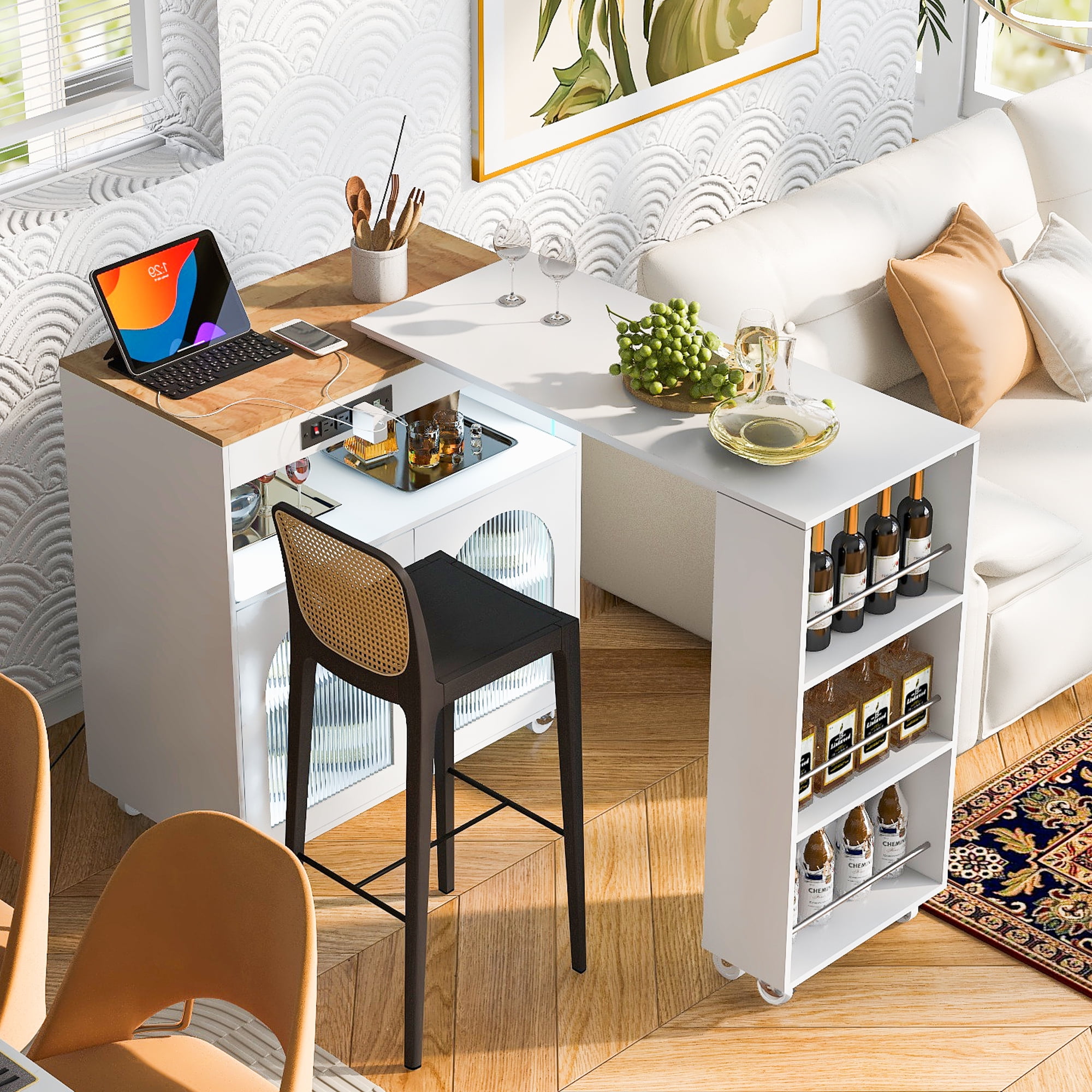 AENKYO Rolling Kitchen Island With Extended Table, Kitchen island on Wheels with LED Lights,Power Outlets,2 Fluted Glass Doors, Storage Compartment and Side 3 Open Shelves,White