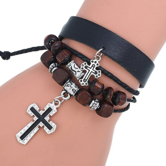 Leather Cord Multi-strand Bracelets for Women Men with Wooden Beads and Enamel Charms Cross Black 6-3/4 inch(17cm)