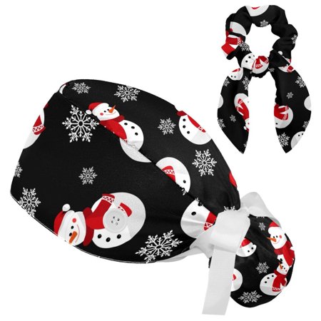 

Working Cap with Buttons and Sweatband Scrub Hat Bouffant Caps with Scrunchie Snowmen Snowflakes Tie Back Hats