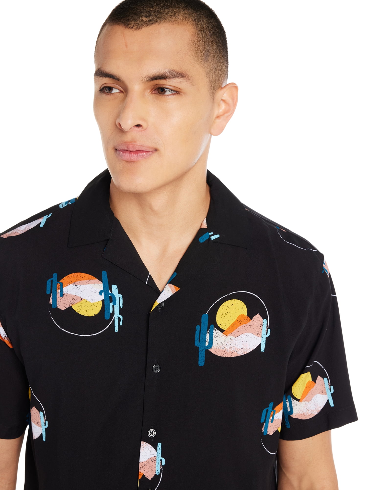 No Boundaries Men's Print Button Up Shirt with Short Sleeves, Sizes XS-3XL
