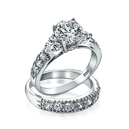 Bling Jewelry .925 Silver CZ Heart Side Stones Wedding Engagement Ring Set - 0