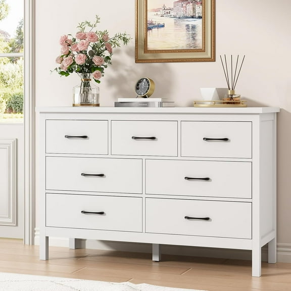 CARPETNAL White Dresser for Bedroom, 7 Drawer Dresser with Wide Drawers and Metal Handles, Woode Dressers & Chests of Drawers for Hallyway, Entryway.
