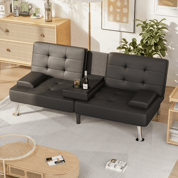 Lacoo 2-Pack Futon Sofa Bed Modern Convertible Sleeper Couch with Removable Armrests & Cup Holders for Living Room,Small Spaces,PU Leather Black