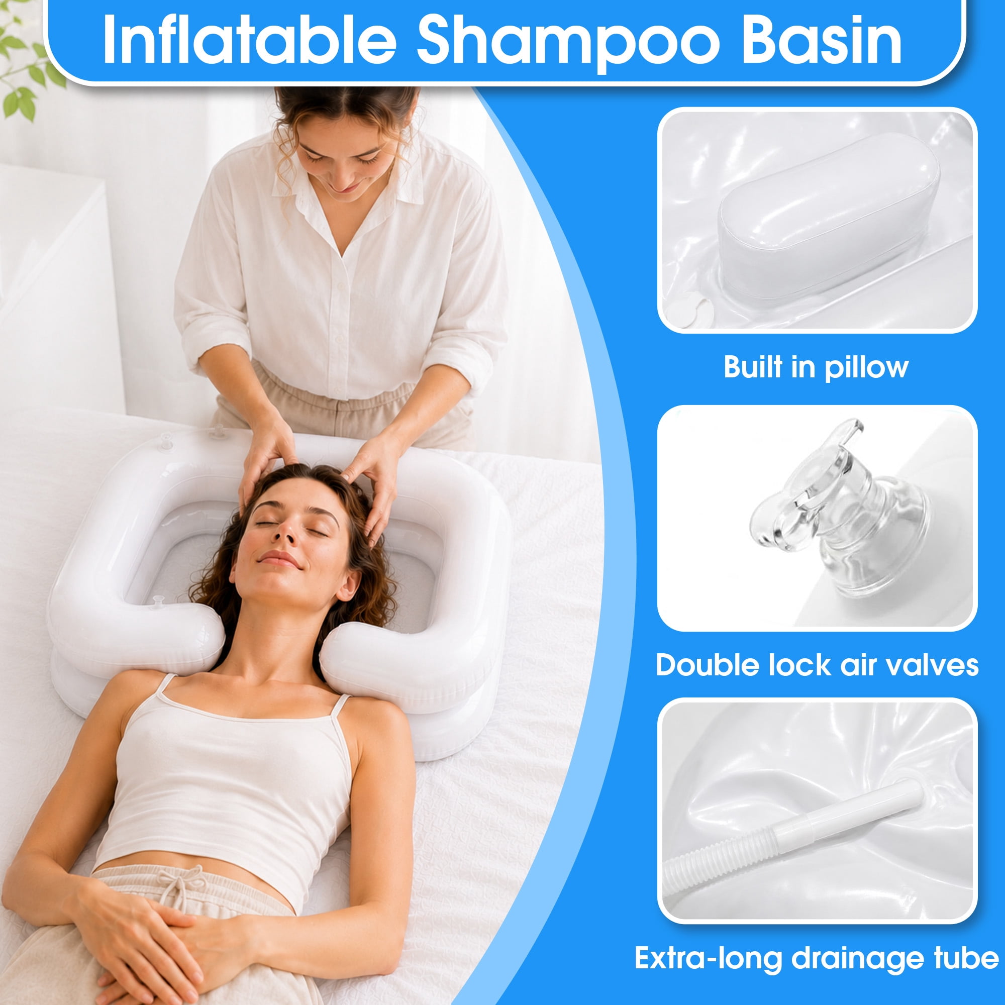 Inflatable Shampoo Basin, Bed Side Hair Washing Basin Kit with Water Bag, Air Pump & Drainage Tube, Portable Inflatable Hair Wash Tub for Elderly, Disabled, Pregnant Women