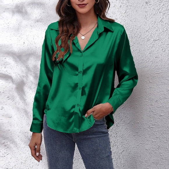 TIMIFIS Women's Blouse Satin Silk Shirts Button Down Shirts Casual Loose Long Sleeve Office Work Tunic TopsFall