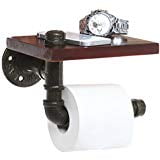 Rustic Style Pipe Design Brown Wood Black Metal Wall Mounted Bathroom Shelf Toilet Paper Roll