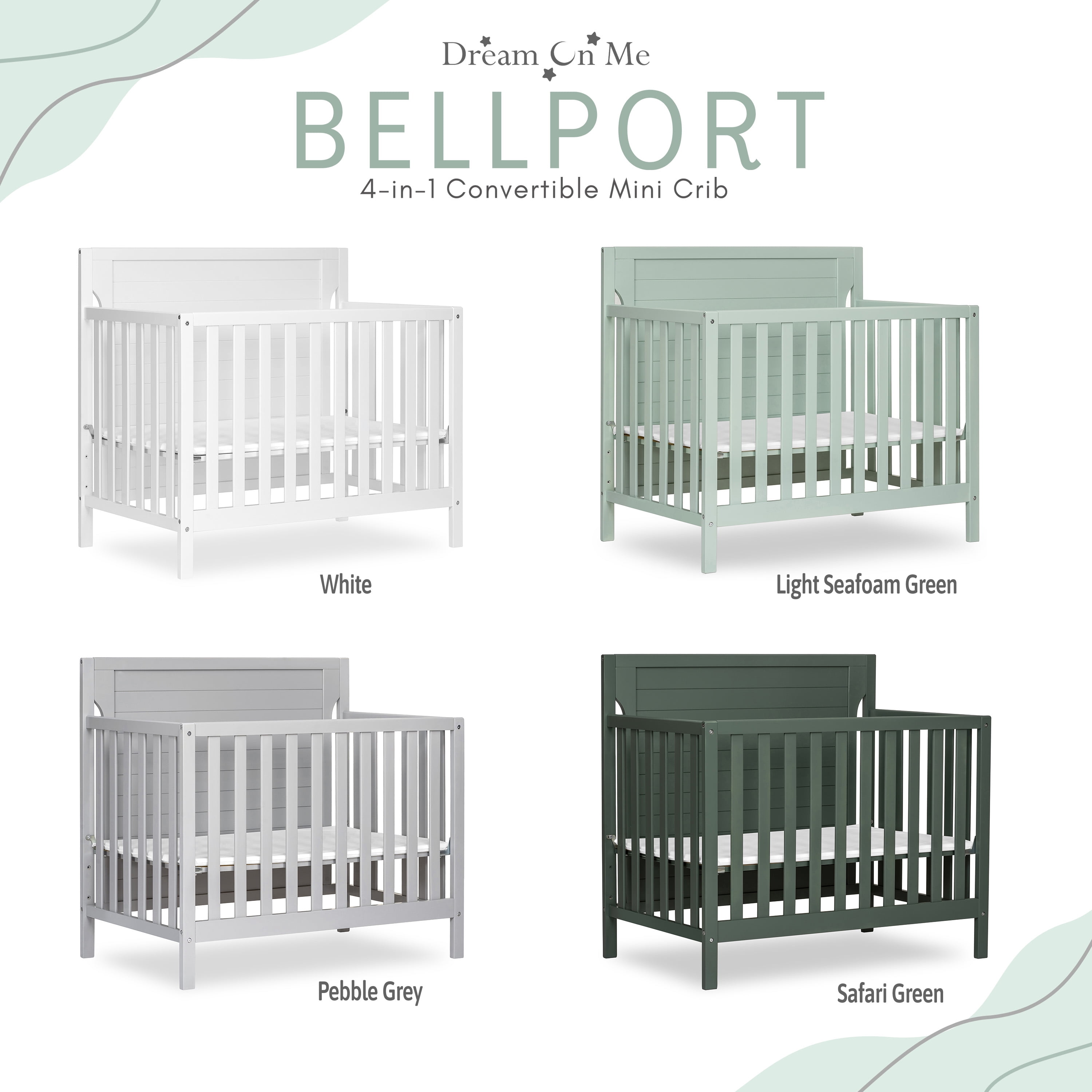 Dream On Me Bellport 4 in 1 Convertible Mini/Portable Crib in Light Seafoam Green, Non-Toxic Finish, Made of Sustainable New Zealand Pinewood, with 3 Mattress Height Settings