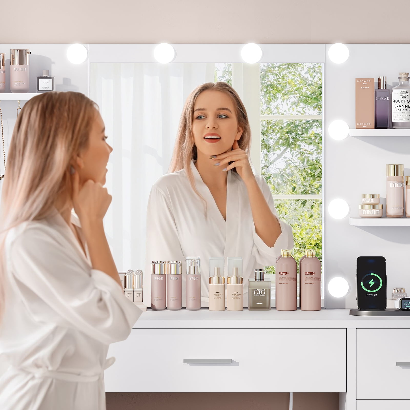 TEENFON Large Vanity Set with Mirror & Power Outlet, Makeup Vanity Desk with 9 Drawers,4 Shelves and 5 Hooks,Vanity Table for Bedroom, White