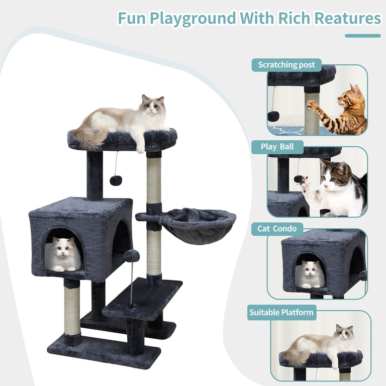 34-Inch Cat Tree Tower With 2 Condos & Scratching Posts - Smoky Gray Plush Cat Climber For Indoor Cats