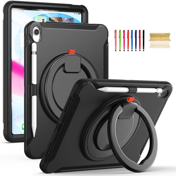 Kids Friendly Hybrid Case for iPad 10th Gen 10.9 Inch 2022, Rugged Case with Rotating Ring Stand Pencil Holder Heavy Duty Protection Slim Fit Silicone PC Case for iPad 10th Gen, Black