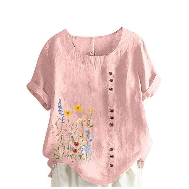 Vestidos Casuales Para Mujer, Blusas De Mujer De Moda Blusa informal de lino con botones y manga corta estampada para mujer