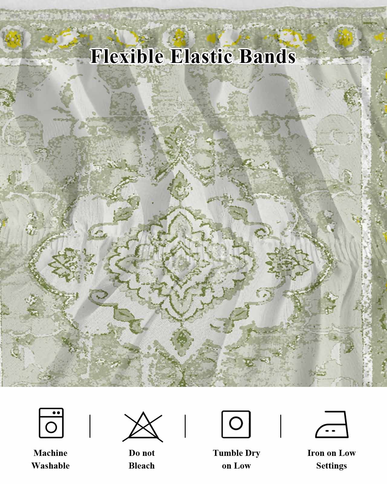 Sage Green Wrap Around Bed Skirts for Queen Bed 16" Drop,Bed Skirt with Adjustable Elastic Belt Dust Ruffle Bed Valance for Bedroom Hotel Boho Retro Decorative Abstract Floral Ethnic Bed Frame Cover