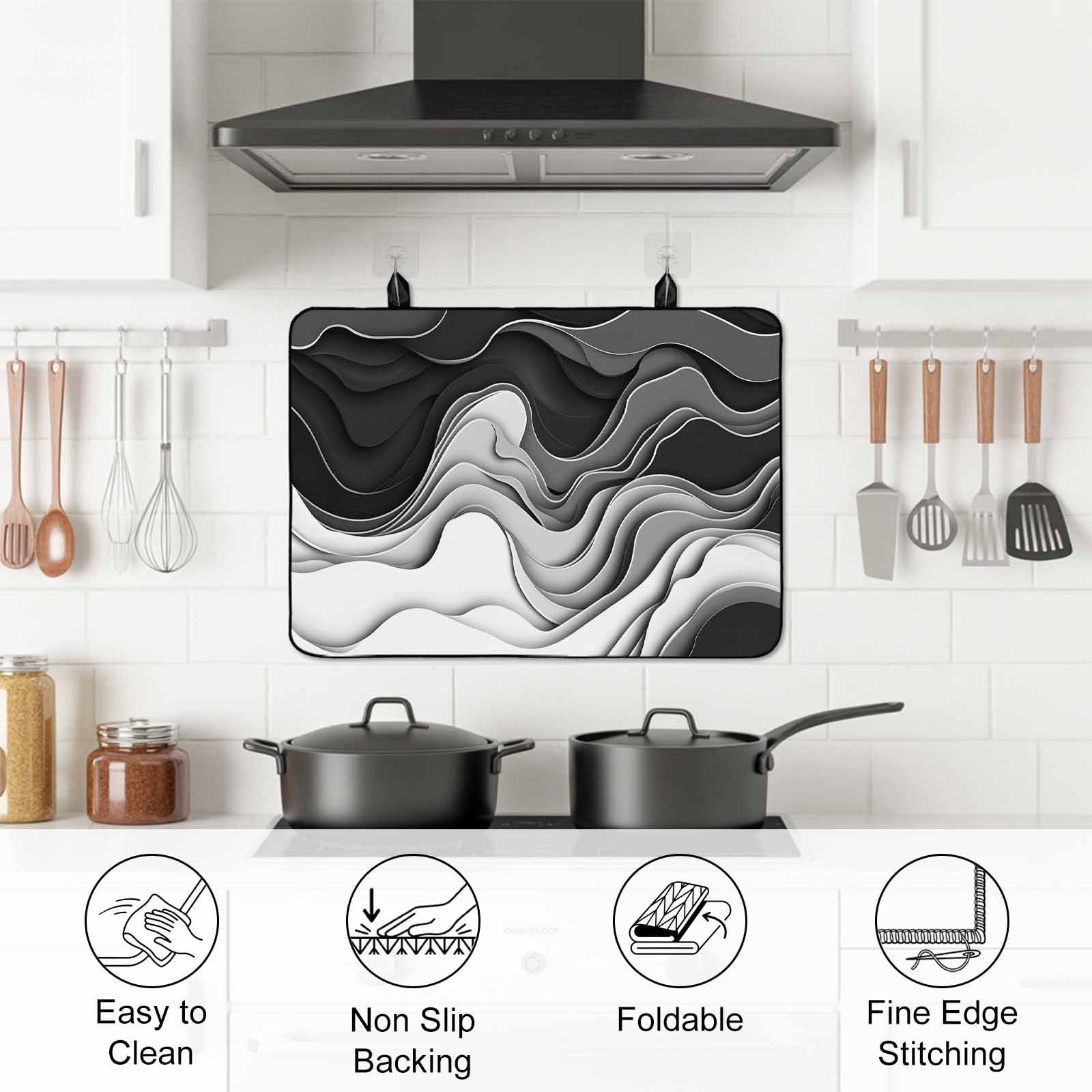 Black Grey Ombre Stove Top Cover for Electric Stove, Heat-proof & Non Slip Glass Top Stove Cover Protector, Abstract Modern Geometric Moire Art Kitchen Flat Cooktop Rubber Mat 31x24 Inches