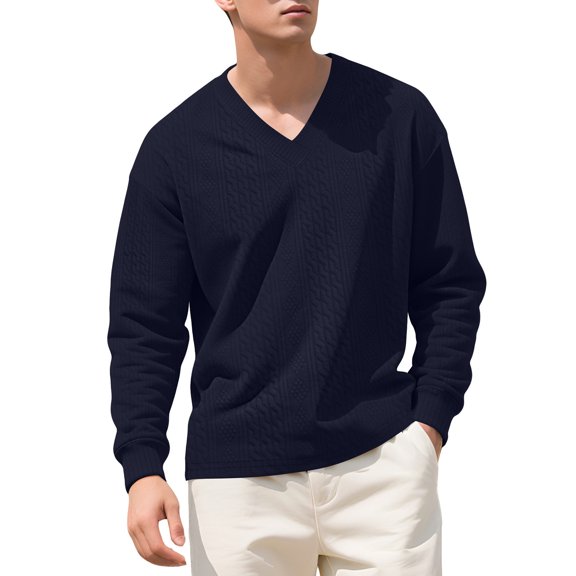 ZCFZJW Mens Casual Sweaters Lightweight Textured Pullover V Neck Sweater Pullover Long Sleeve Cable Knit Sweaters Trendy Cozy Sweatshirts Top Navy S