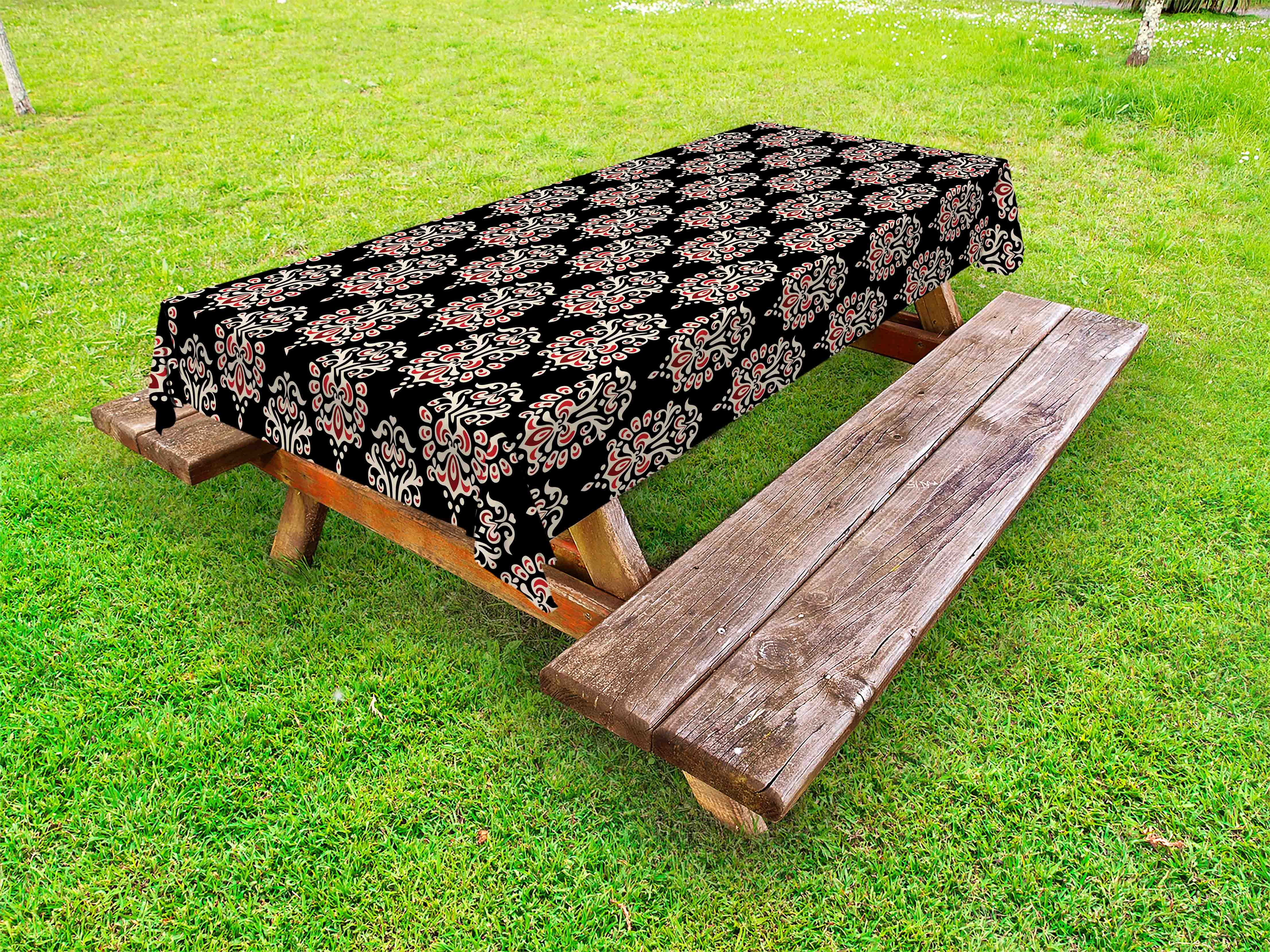 Damask Outdoor Tablecloth, Traditional Old Fashioned Abstract Motifs Floral Medieval Fashion