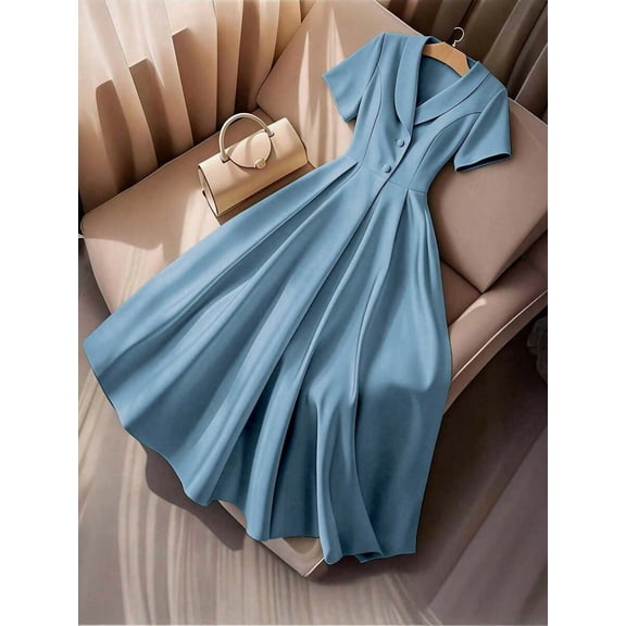 Plus Size Womens Dusty Blue A-Line Dress With Shawl Collar And Short Sleeves For Office Or Formal Events