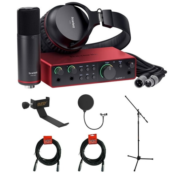 Focusrite Scarlett 2i2 USB-C Audio Interface (4th Generation) with Tripod Mic Stand   Boom, Headphone Holder, Pop Filter & 2x XLR Cable Bundle