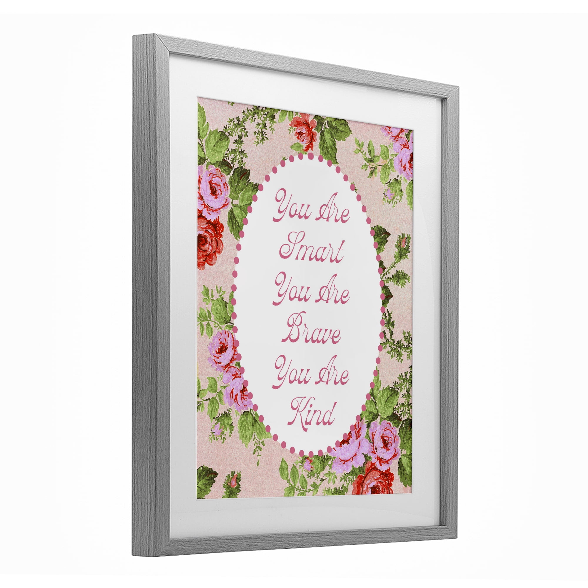 Stupell Industries Smart Brave & Kind with Vintage Florals Gray Framed Print Under Glass, design by Lil' Rue