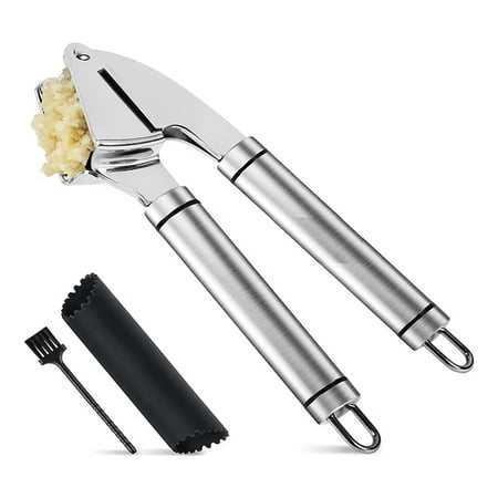

Press Stainless Steel Mincer and Crusher with Silicone Roller Peeler. Rust Proof Easy Squeeze Dishwasher Safe