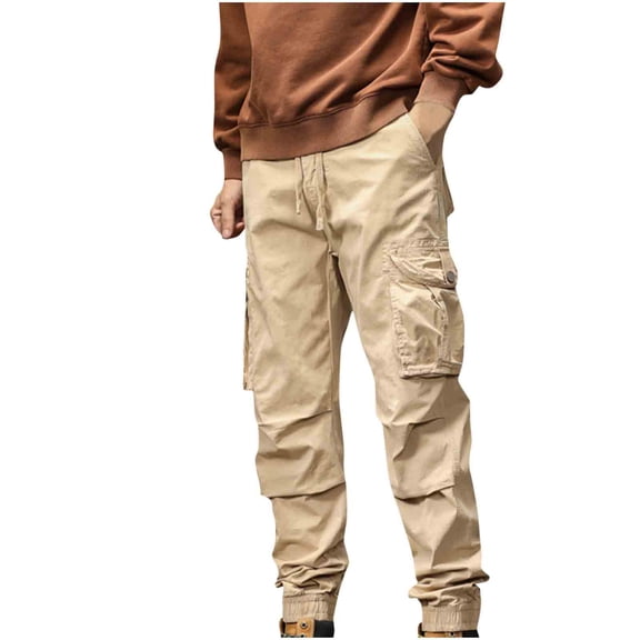 Timoontee Fishing Hiking Pants for Men Straight Leg Casual Jogger Pull On Pants Lightweight Workwear Cargo Pants Drawstring Waist Trousers Sweatpants with Pocket Khaki XXXXL