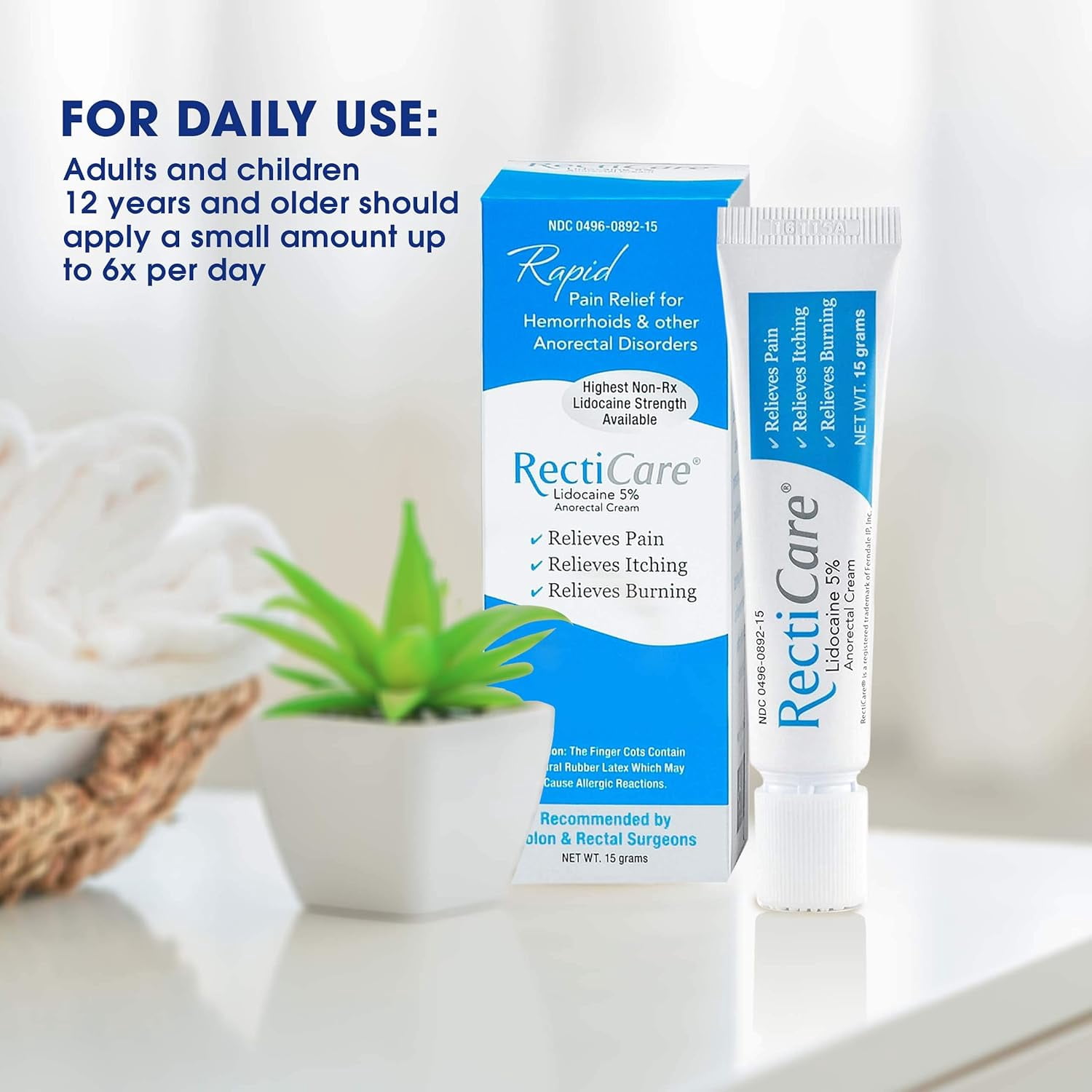 RectiCare Anorectal Cream 15g with Lidocaine 5% for Fast Pain Relief