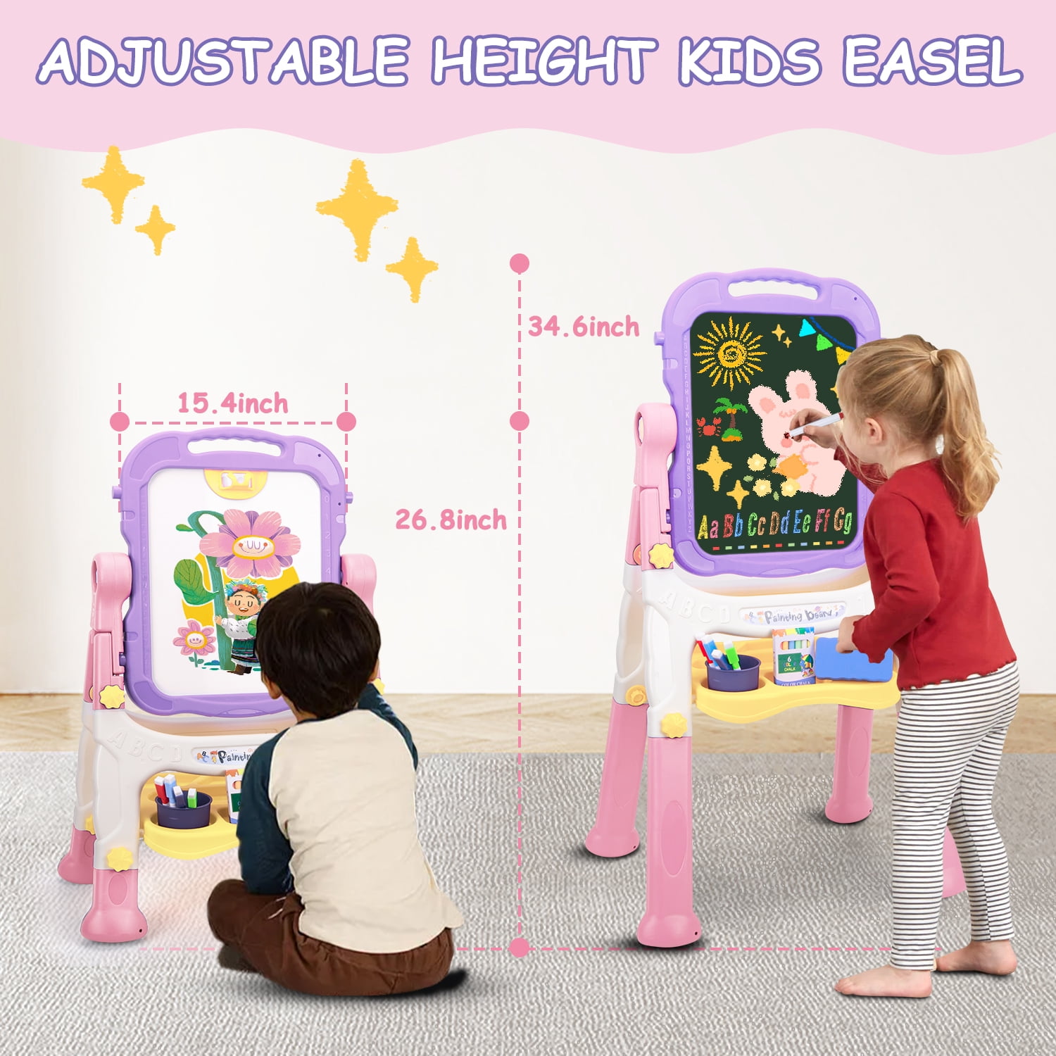 Xueyu Easel for Kids, 26.8"-34.6" Adjustable Plastic Standing Art Easel with Chalkboard, Chalk, Markers, Eraser, Clips