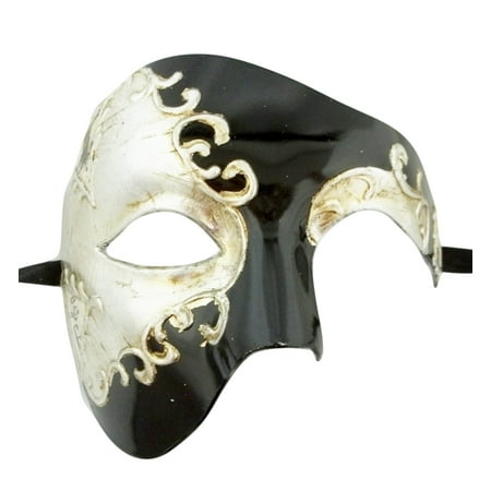 Men's Phantom Black Silver Foil Large Mardi Gras Masquerade Elegance Mask