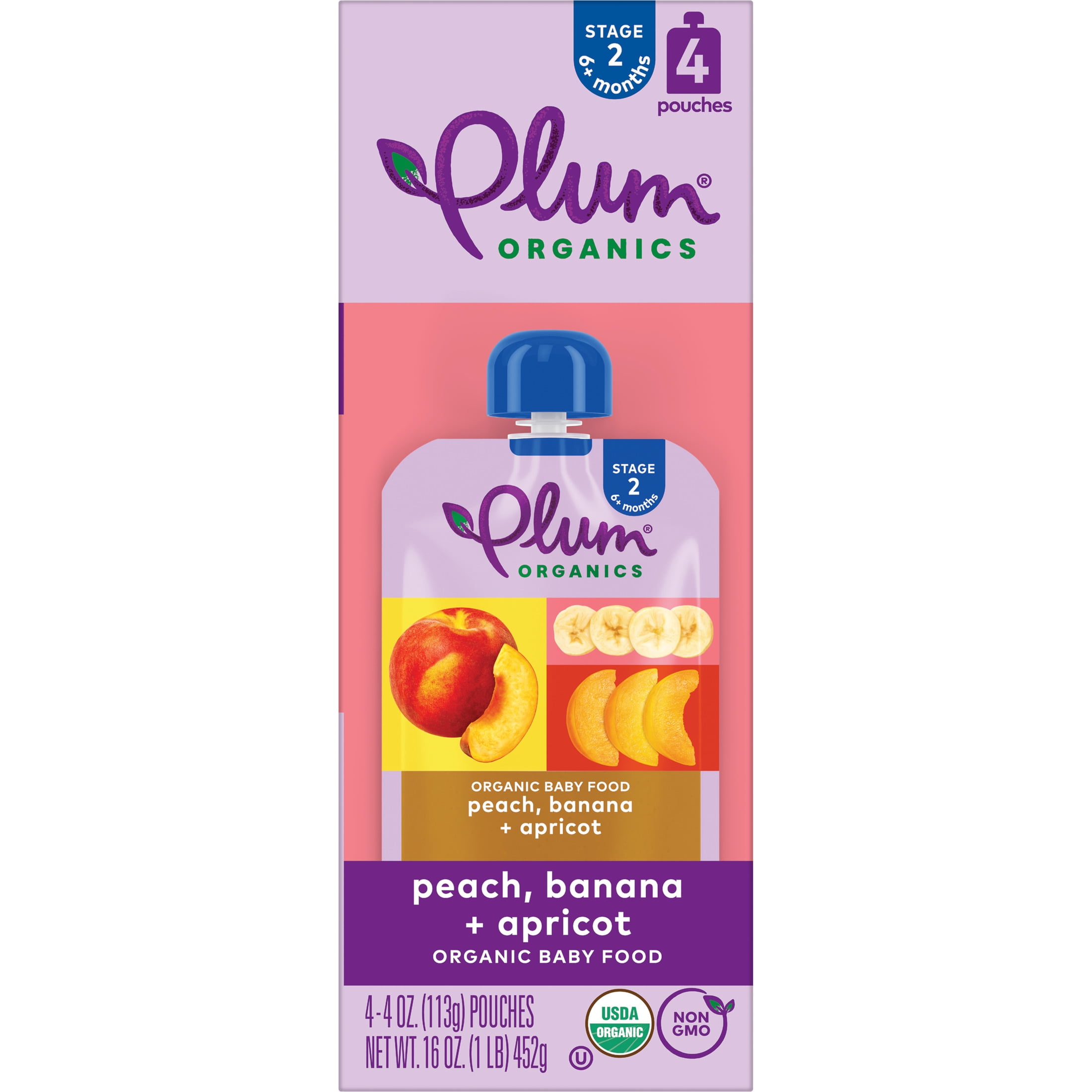 Plum Organics Stage 2 Organic Baby Food Peach, Banana and Apricot 4oz Pouch-4-Pack
