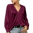 thumbnail image 5 of Tungbrin Women's Satin Pleated Tops V Neck Solid Color Loose Long Sleeve Blouse Soft Comfy Lightweight Fashion Shirts, 5 of 8