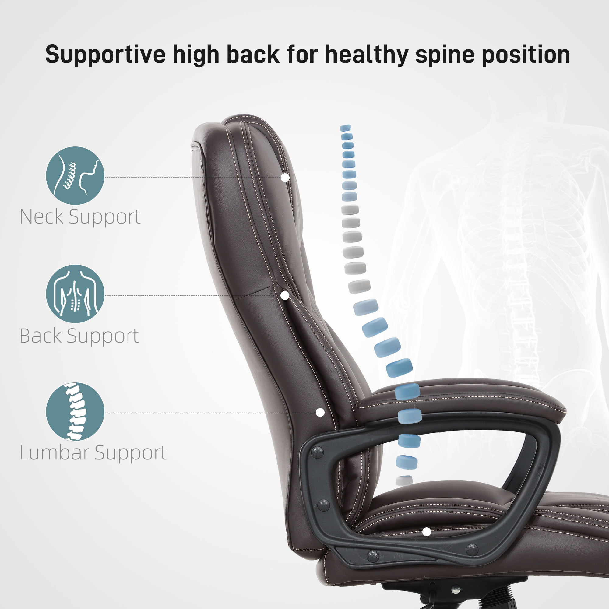 HOMCOM High Back Executive Office Chair, PU Leather Computer Desk Chair with Adjustable Height, Padded Armrests and Swivel Wheels, Brown