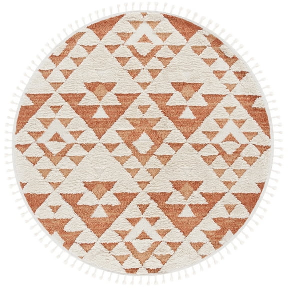 SAFAVIEH Moroccan Tassel Larry Geometric Shag Area Rug, Ivory/Brick Rust, 6'7" x 6'7" Round