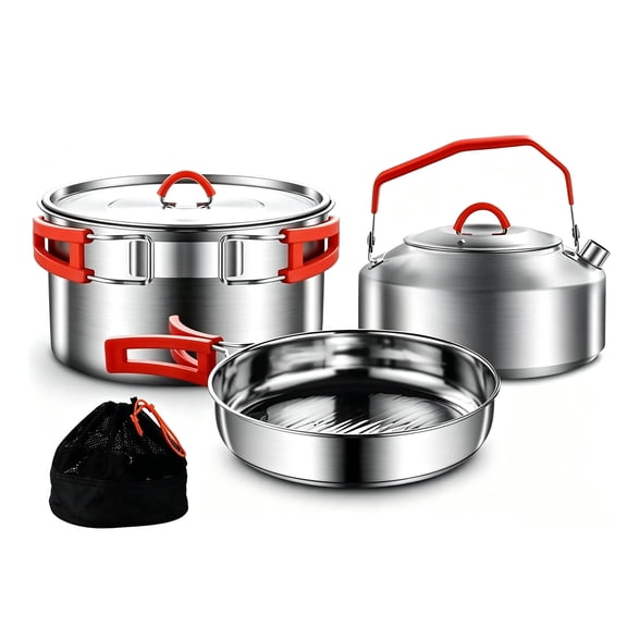 Jorunhe 3 Piece Stainless Steel Camping Cookware Set with 1.9L Pot, 0.86L Pan and 1L Kettle for 1-2 People