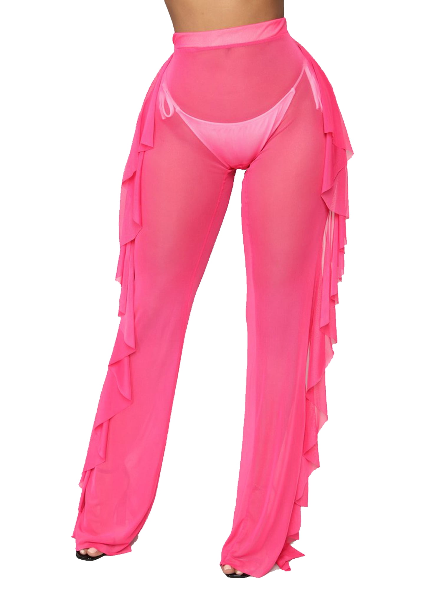 Woshilaocai Women Mesh Sheer Long Pants 